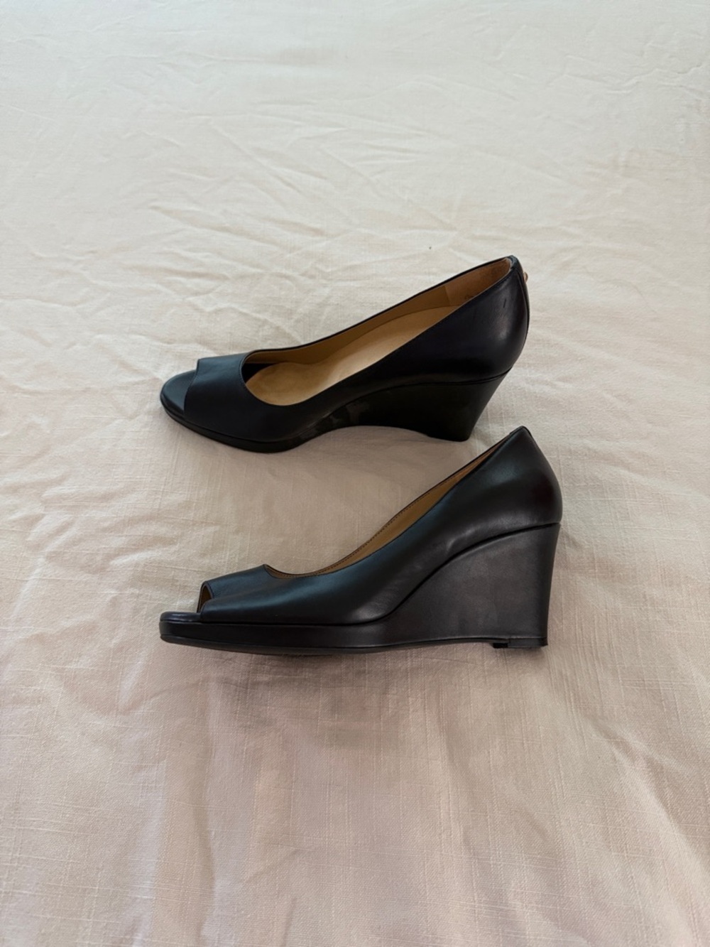 Naturalizer Black Leather Peep-Toe Wedge Pumps